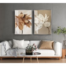 Harikabirev|soft Turuncu-Bej-Beyaz Minimal Çiçek Kombini |temperli Çerçeveli Cam Tablo  2li Dikey