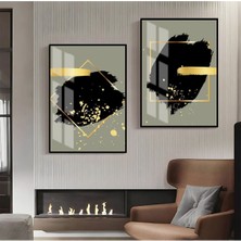 Harikabirev|gold-Siyah-Gri Soyut Şekil Kombin 07 |çerçeveli Cam Tablo  2li Dikey