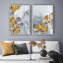 Harikabirev|gold-Gri Çiçek Kombini Iı |temperli Çerçeveli Cam Tablo  2li Dikey