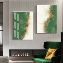 Harikabirev|yeşil-Gold Luxury Desenli Soyut Kombini 03 |çerçeveli Cam Tablo  2li Dikey