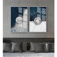 Harikabirev|lacivert-Gümüş Sevilen Soyut Kombin 4|çerçeveli Cam Tablo  2li Dikey
