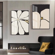 Harikabirev|krem-Gri-Sarı Soyut Çiçek Kombin 1 |çerçeveli Cam Tablo  2li Dikey