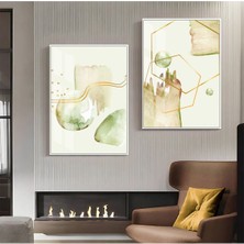 Harikabirev|yeşil-Kahverengi-Gold Desenli Soyut Kombini 01|çerçeveli Cam Tablo  2li Dikey