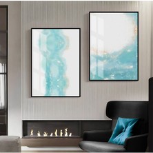 Harikabirev|mavi-Beyaz-Gold Desenli Soyut Kombini 1|çerçeveli Cam Tablo  2li Dikey