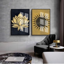 Harikabirev|gold-Siyah Güneş ve Lotus Çiçeği Kombini |çerçeveli Cam Tablo  2li Dikey