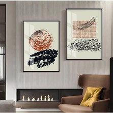 Harikabirev|kırmızı-Siyah-Bej Desenli Soyut Kombini 1 |çerçeveli Cam Tablo  2li Dikey