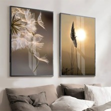 Harikabirev|soft Krem Bej Karahindiba ve Püskül Kombini |çerçeveli Cam Tablo  2li Dikey