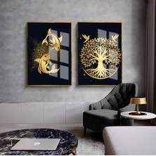 Harikabirev|gold-Siyah Yaşam Ağacı ve Balık Kombini |çerçeveli Cam Tablo  2li Dikey