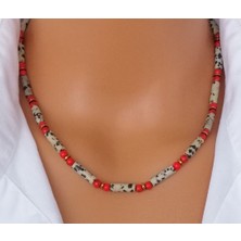 Aaa Kalite Jasper Dalmaçyalı ve Kırmızı Mercan Doğal Taş Kolye