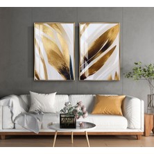 Harikabirev|gold-Gri Soyut Yaprak Desenli Kombin 01 |temperli Çerçeveli Cam Tablo  2li Dikey