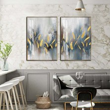 Harikabirev|gri-Gold Renk Yaprak Detaylı Soyut Kombin |temperli Çerçeveli Cam Tablo  2li Dikey