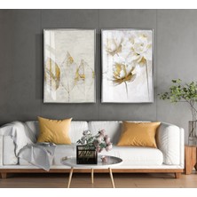 Harikabirev|soft Beyaz-Krem-Gold Yaprak Çiçek Kombini 01  |temperli Çerçeveli Cam Tablo  2li Dikey