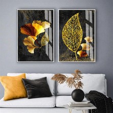Harikabirev|gold-Siyah Çiçek Yaprak Kombin|temperli Çerçeveli Cam Tablo  2li Dikey