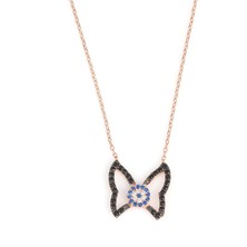 925 Ayar Gümüş Nazar Boncuklu Kelebek Kolye, Pembe - Beyaz, Siyah, Mavi Taş