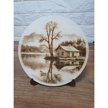 18,5 x 18,5  cm  Ahşap Yakma Orman ve Göl Tablo