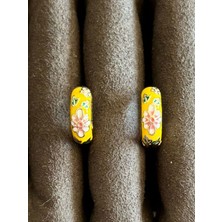 Rose Sarı Çiçekli Mineli Yazlık Şık Kadın Halka Küpe 1,4 cm
