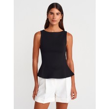 Dilvin DİLVİN Kayık Yaka Siyah Peplum Top Dar Kalıp Kadın Bluz %80 Pamuk %15 Polyester