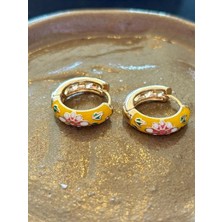 Gold Sarı Çiçekli Mineli Yazlık Şık Kadın Halka Küpe 1,6 cm