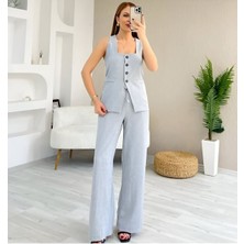 Tıfany Gri Keten Kumaş Astarlı Yelek Lastikli Yüksek Bel Palazzo Pantolon Takım TIFANY-4342