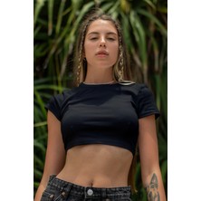 Kadın Kısa Kollu Bisiklet Yaka Basic Crop Top Siyah