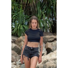 Kadın Kısa Kollu Bisiklet Yaka Basic Crop Top Siyah