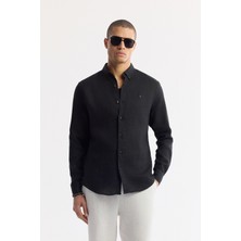 Avva Erkek Siyah Düğmeli Yaka %100 Keten Comfort Fit Gömlek B002191