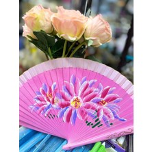 Yelpaze Bambu Çift Taraflı Çiçekli El Boyama Pembe