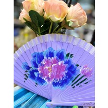 Yelpaze Bambu Çift Taraflı Çiçekli El Boyama Lila