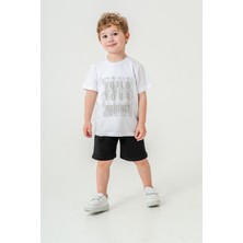 Titimix Kids Erkek Çocuk Kabartma Baskılı Alt Üst Yazlık T-Shirt Şort Ikili Takım Beyaz