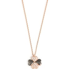 925 Ayar Gümüş Yonca Kalp, Kolye Pembe - Beyaz Taş