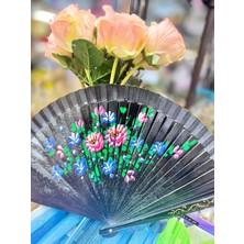 Yelpaze Bambu Çift Taraflı Çiçekli El Boyama Siyah