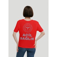 112 Acil Sağlık T-Shirt Kırmızı Kadın %100 Pamuk Rahat Kalıp Bisiklet Yaka