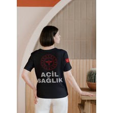 112 Acil Sağlık Kadın Siyah T-Shirt %100 Pamuk Rahat Kalıp Bisiklet Yaka