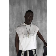 Erkek Önü Işlemeli Oversize Yıkamalı Kolsuz T-Shirt Ekru