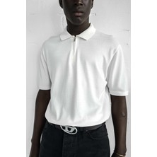 Erkek Yarım Fermuarlı Polo Yaka T-Shirt Beyaz