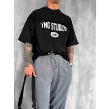 Erkek Baskılı Oversize Forma Kumaş T-Shirt Siyah
