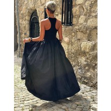 Cream & Rouge Kadın Halter Yaka Eteği Extra Bol Tafta Maxi Boy Elbise