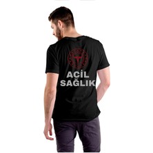 112 Acil Sağlık Erkek Siyah T-Shirt %100 Pamuk Rahat Kalıp Bisiklet Yaka