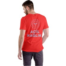 112 Acil Sağlık Erkek Kırmızı T-Shirt %100 Pamuk Rahat Kalıp Bisiklet Yaka