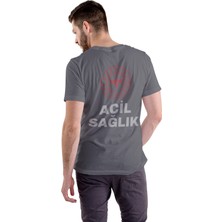 112 Acil Sağlık Erkek Antrasit T-Shirt %100 Pamuk Rahat Kalıp Bisiklet Yaka