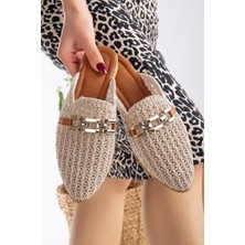 Slipcat Kadın Dantel Işlemeli Zincirli Bej Ev Terliği Dış Mekan Konforu Sağlar