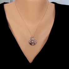 925 Ayar Gümüş Nal Yuvarlak Model Kolye, Pembe - Beyaz Taş