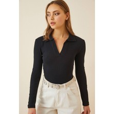 Polo Yaka Fitilli Kaşkorse Örme Bluz