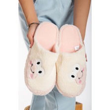 Slipcat Kadın Kurbağa Figürlü Peluş Ev Terliği Krem - Pudra Renkli Sessiz Taban