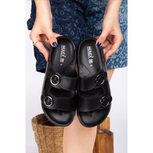 Slipcat Mulex Kadın Tokalı, Şık, Deri Günlük Siyah Sandalet/terlik