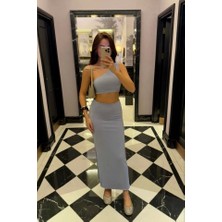 Yandan Yırtmaçlı Uzun Etek Asimetrik Crop Ikili Takım - Bebek Mavisi