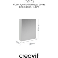 D20 60 cm Beyaz Aynalı Dolap Melamin Gövde