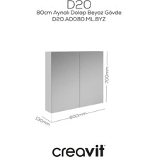 D20 80 cm Beyaz Aynalı Dolap Melamin Gövde