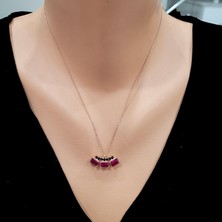 925 Ayar Gümüş 3 Taşlı Kolye, Pembe - Kırmızı, Siyah Taş