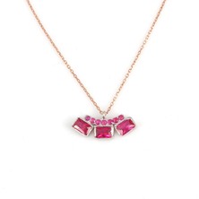 925 Ayar Gümüş 3 Taşlı Kolye, Pembe - Kırmızı Taş